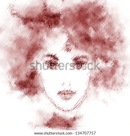 art red-brown monochrome sketched beautiful girl face with curly hair isolated on white background