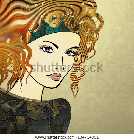 art colorful sketching beautiful girl face on sepia background. Vector version is also in my gallery.