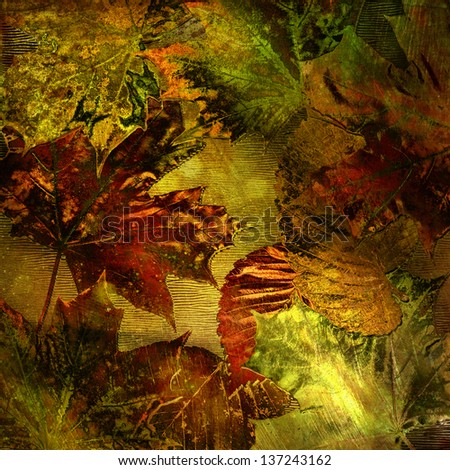 art watercolor and graphic autumn leaves bright background with red, orange, yellow, black green and gold colors