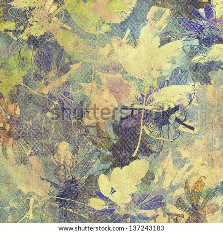 art leaves autumn background, card in pastel green, blue and yellow colors