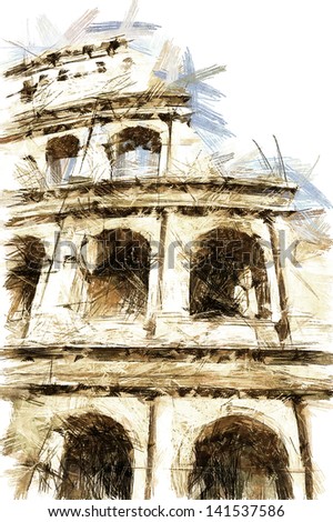 Art Sketching Vintage Background With European Antique Town, Italy, Rome
