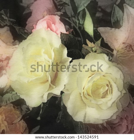 art watercolor floral vintage background in pastel colors with white roses and pink peonies and lily