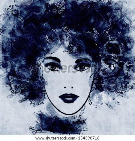 art sketched beautiful girl face with curly hair on blue background