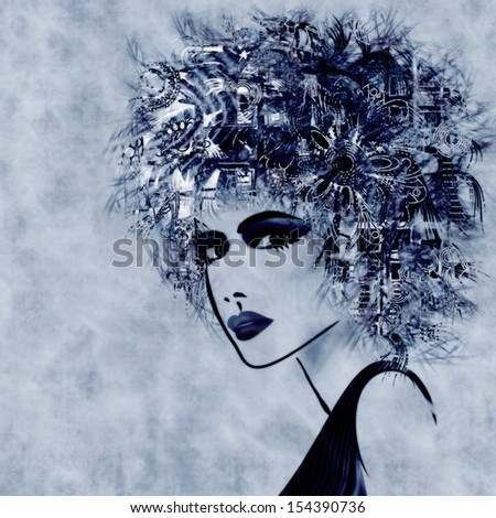 art sketched beautiful girl face with curly hair and in profile on blue background