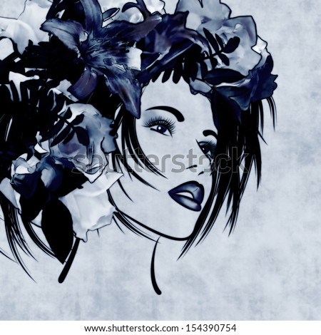 art sketched beautiful girl face with flowers in hair on blue background