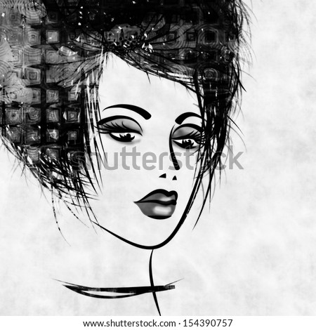 art colorful sketched beautiful girl face in profile with black hair on white background