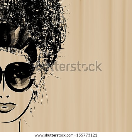 art sketched beautiful girl face with eyeglass in black graphic on beige background with space for text