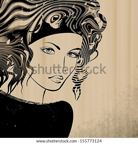 art sketched beautiful girl face with curly hair on sepia background