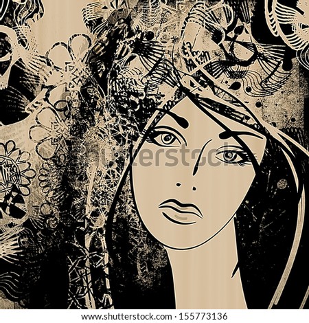 art sketched beautiful girl face with ornamental hair on sepia background