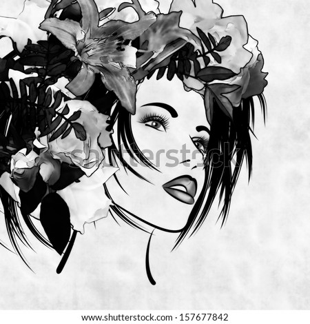 art sketched beautiful girl face with flowers in hair in black graphic on white background