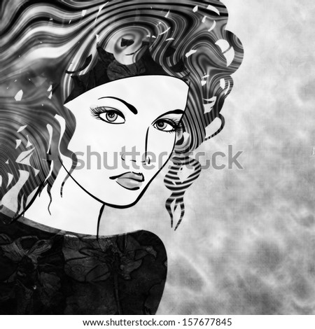 art sketched beautiful girl face with curly hairs  in black graphic on white background