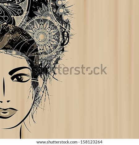 art sketched beautiful girl face in black graphic on beige background with space for text