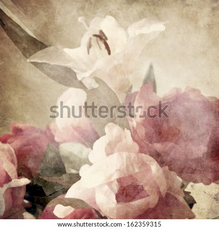 Art Floral Vintage Sepia Background With Pink Peonies And White Lily