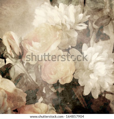 art floral vintage light sepia blurred background with white asters and roses