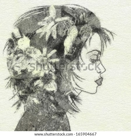 art sketched beautiful girl face in profile with floral hair on white background, in black and white