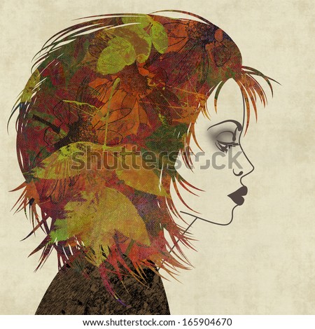 art colorful sketched beautiful girl face in profile with autumn floral hair on sepia background