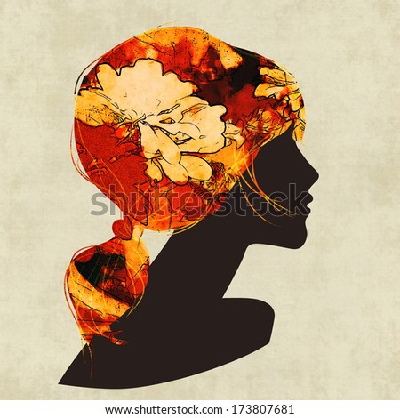 art dark silhouette profile of beautiful girl with colorful floral ponytail hair on sepia background