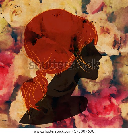 art dark silhouette profile of beautiful girl with red ponytail hair on colorful floral background