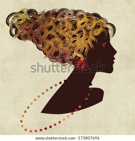 art dark silhouette profile of beautiful girl with golden curly hair and bijou on sepia background