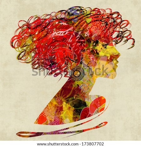 art colorful floral silhouette profile of beautiful girl with curly hair on sepia background