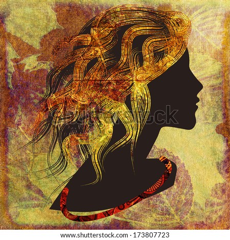 art dark silhouette profile of beautiful girl with golden curly hair on colorful floral background
