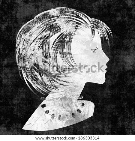 art sketched beautiful girl face with short hair and bijou in profile, in graphic on black background