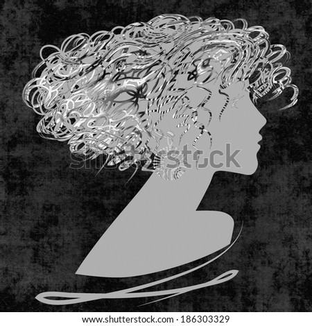 art sketched beautiful girl face with curly hair and in profile in graphic on black background
