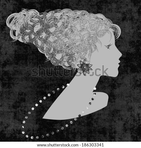 art sketched beautiful girl face with curly hair and bijou in profile, in graphic on black background