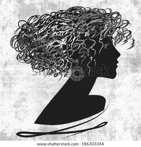 art sketched beautiful girl face with curly hair and in profile in black graphic on white background