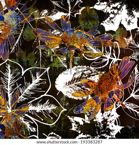 art autumn leaves watercolor and graphic background in black, white, green, gold, orange and blue colors