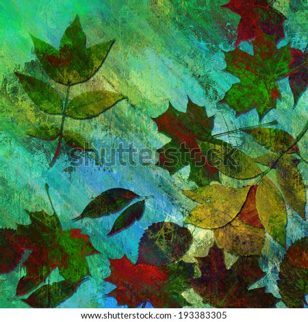 art autumn leaves background in yellow, green, blue, red and brown colors