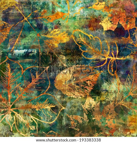art autumn leaves background in orange, gold, yellow, blue, green, blue and brown colors