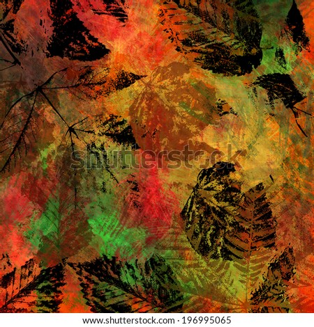 art autumn leaves watercolor and graphic background in bright red, orange, gold, green, yellow, black and brown colors