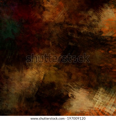 art abstract chaotic painting acrylic and pencil dark background in brown, black, orange, gold and beige colors