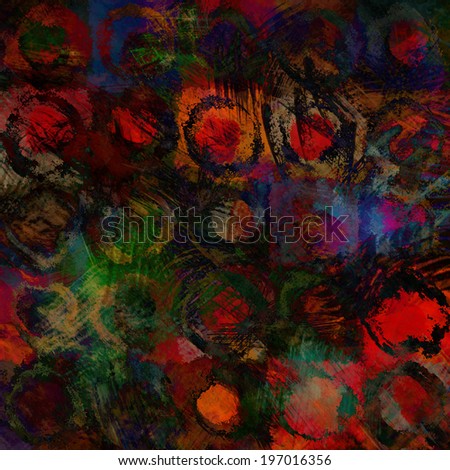 art abstract acrylic and pencil dark rainbow background in blue, black, red and green colors with grunge circles