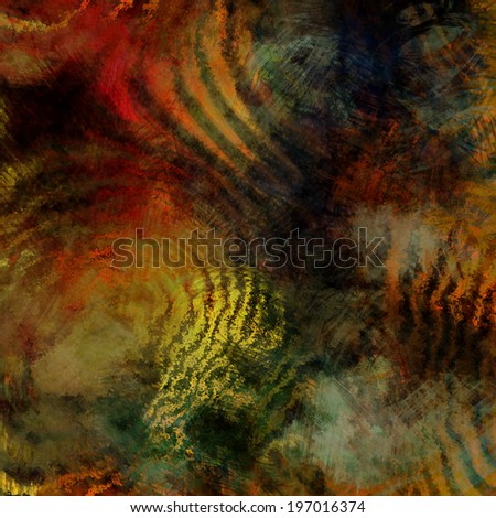 art abstract acrylic and pencil background in gold, red, green, orange and black colors with grunge waves