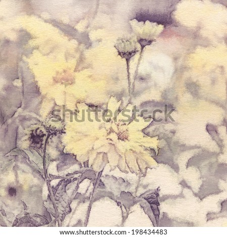 art floral vintage sepia watercolor background with light yellow asters and with instagram effect