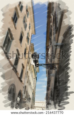 art watercolor background on paper texture with european antique town, Italy, Florence. Street