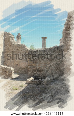 art watercolor background on paper texture with european antique town, Pompeii, Italy. Ruins of buildings