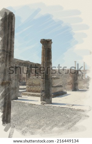 art watercolor background on paper texture with european antique town, Pompeii., Italy Ruins of columns
