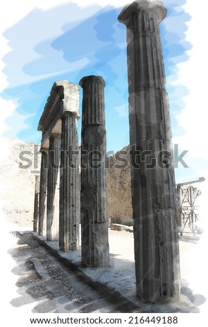 art watercolor background on paper texture with european antique town, Pompeii. Patio ruins