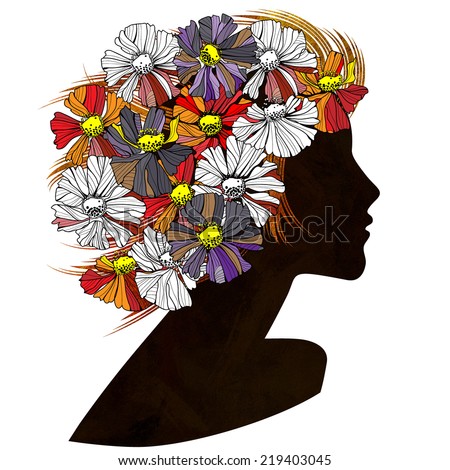 art black silhouette profile of beautiful girl with red floral hair isolated on white background