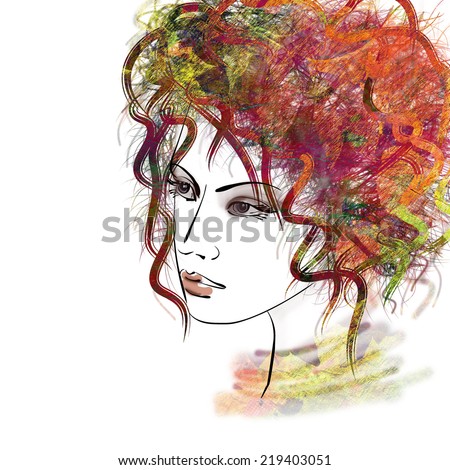 art sketched beautiful girl face with curly hairs  in colorful graphic isolated on white background