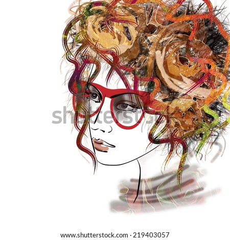 art sketched beautiful girl face with eyeglasses and curly hairs  in colorful graphic isolated on white background