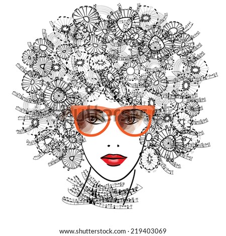 art sketched beautiful girl face with eyeglasses and curly hairs  in black graphic isolated on white background