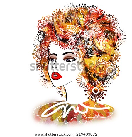 art sketched beautiful girl face profile with curly hairs  in colorful graphic isolated on white background