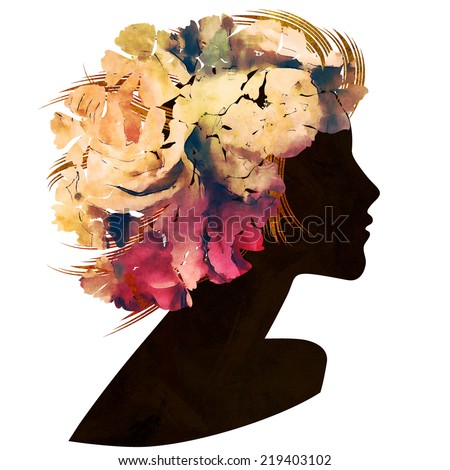 art black silhouette profile of beautiful girl with red floral hair isolated on white background