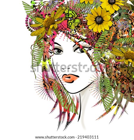 art sketched beautiful girl face with flowers in hair in colorful graphic isolated on white background