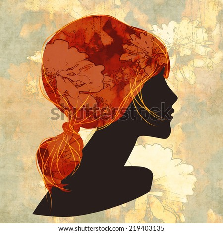 art dark silhouette profile of beautiful girl with red floral ponytail hair on light floral background