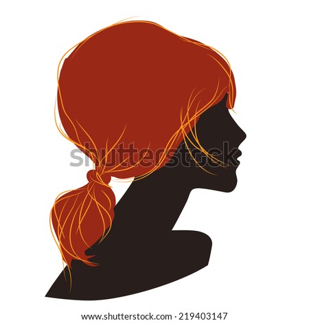 art black silhouette profile of beautiful girl with red ponytail hair isolated on white background